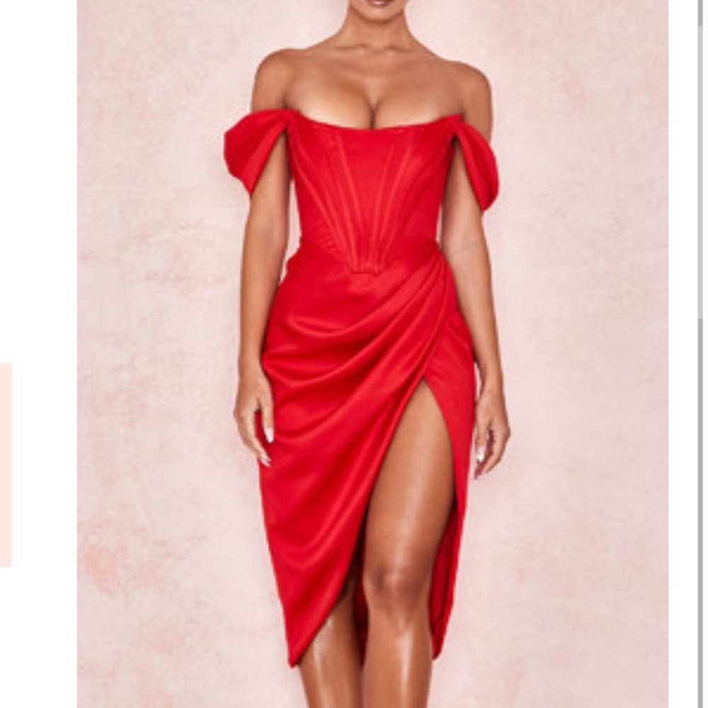 Loretta red satin off the shoulder dress
